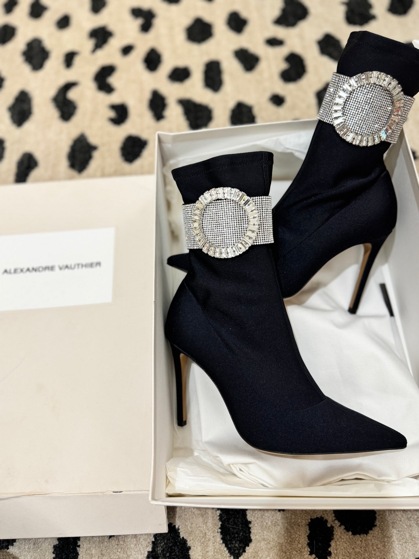 Alexandre Vauthier Crystal Buckle Sock Boots – Black Satin Stiletto Heels