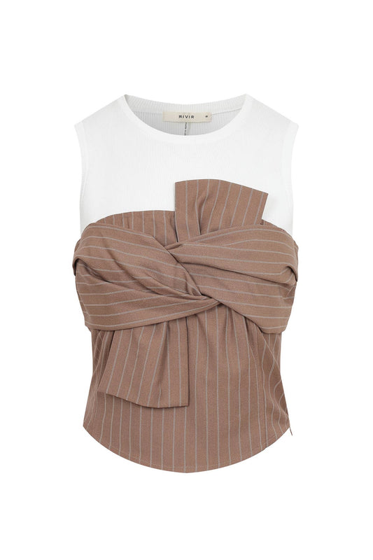 Rivir Knit Striped Bow Twofer Top in Khaki