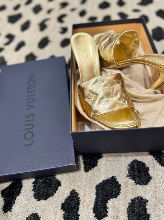 Louis Vuitton Gold Monogram Leather Mules – Luxury Block Heel Sandals