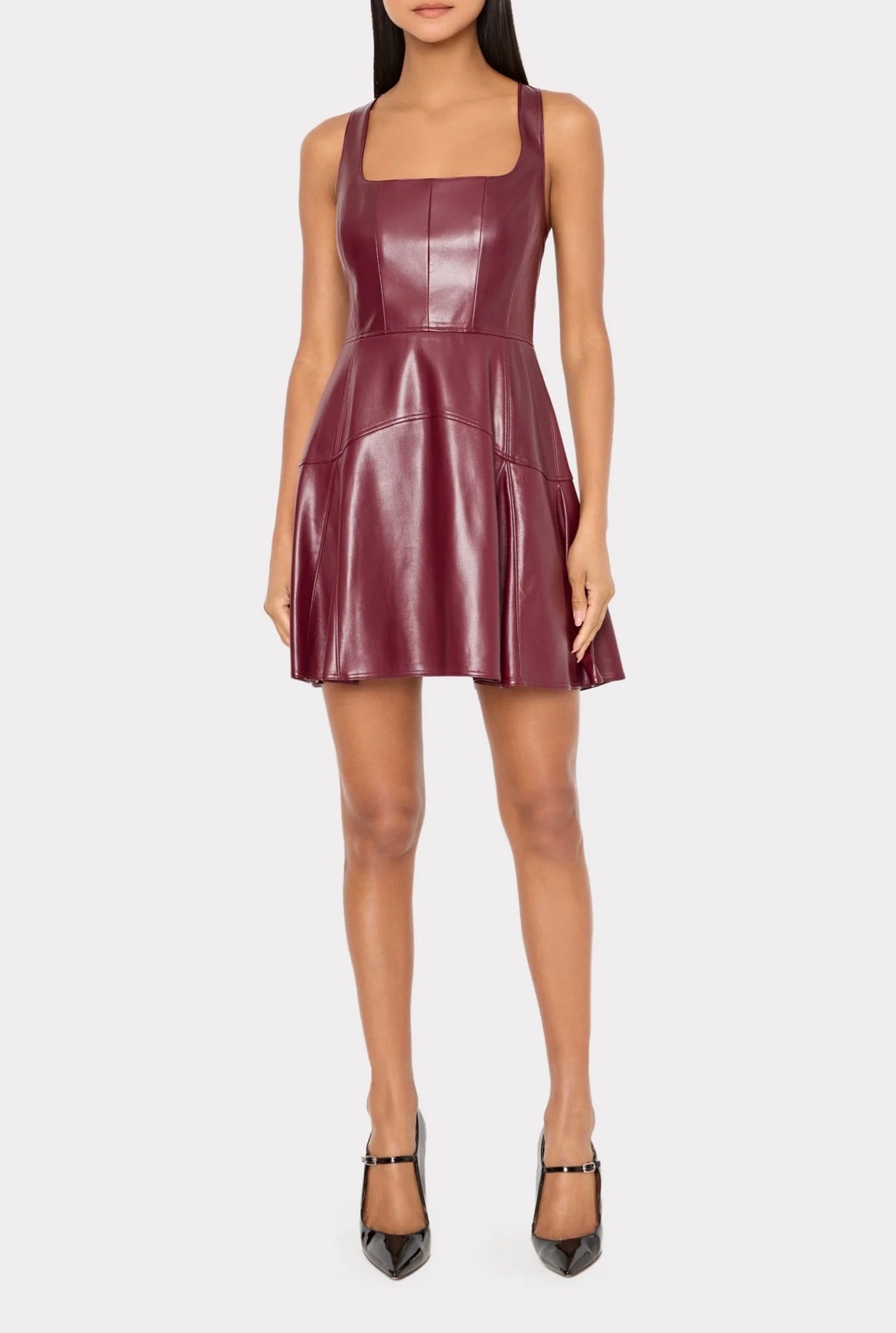 Milly Faux Leather Mini Dress in Deep Burgandy
