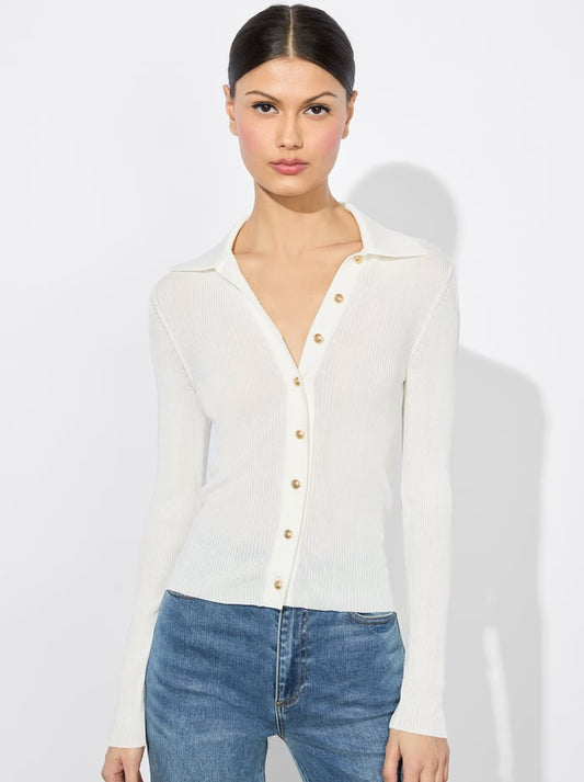 Alice + Olivia Nealie Ribbed Polo in Soft White