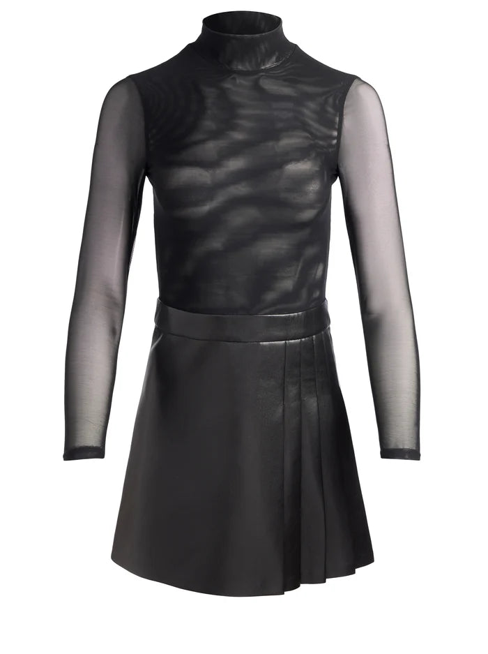 Alice + Olivia Chara Long Sleeve Mesh + Faux Leather Mini Dress