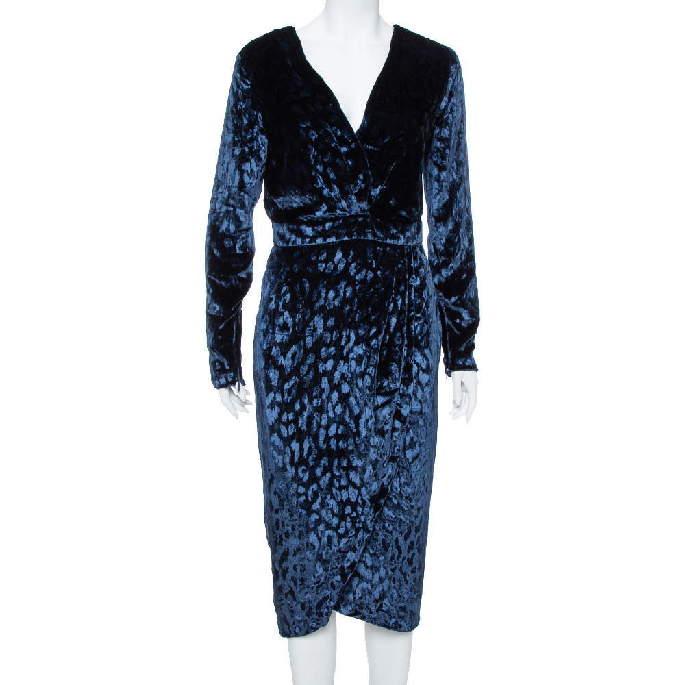Gucci Navy Blue Velvet Leopard Pattern Faux Wrap Dress