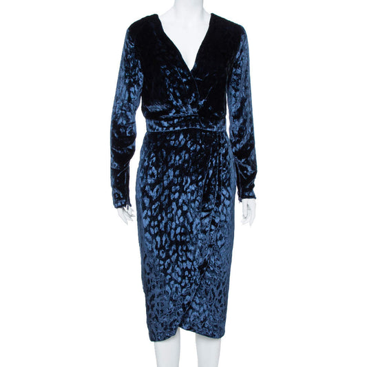 Gucci Navy Blue Velvet Leopard Pattern Faux Wrap Dress