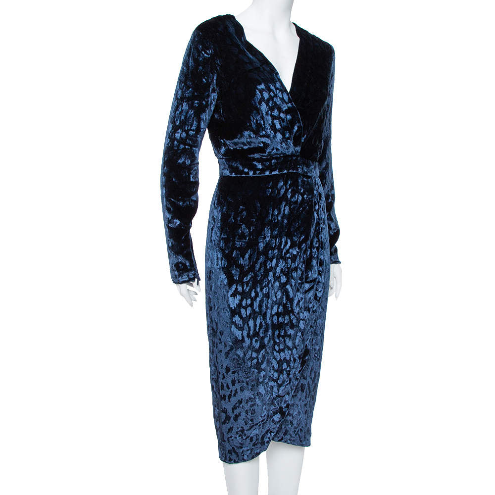 Gucci Navy Blue Velvet Leopard Pattern Faux Wrap Dress
