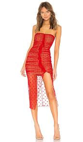 Majorelle Brady Dress in Red Ruched Sheer Overlay Polka Dot