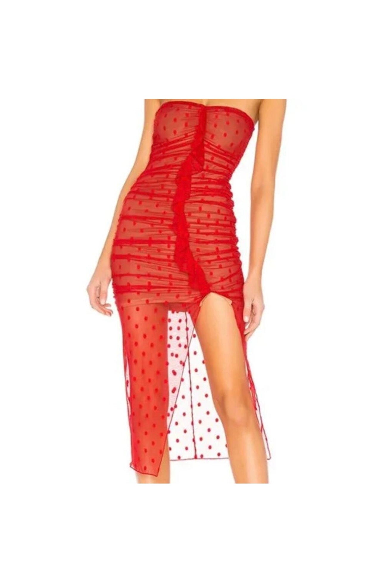 Majorelle Brady Dress in Red Ruched Sheer Overlay Polka Dot