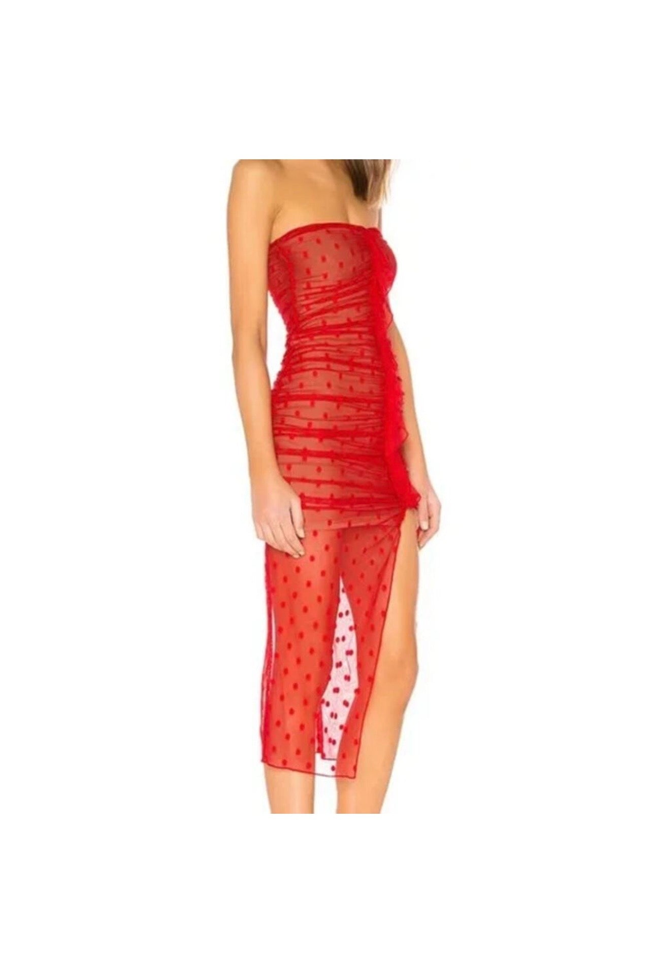 Majorelle Brady Dress in Red Ruched Sheer Overlay Polka Dot