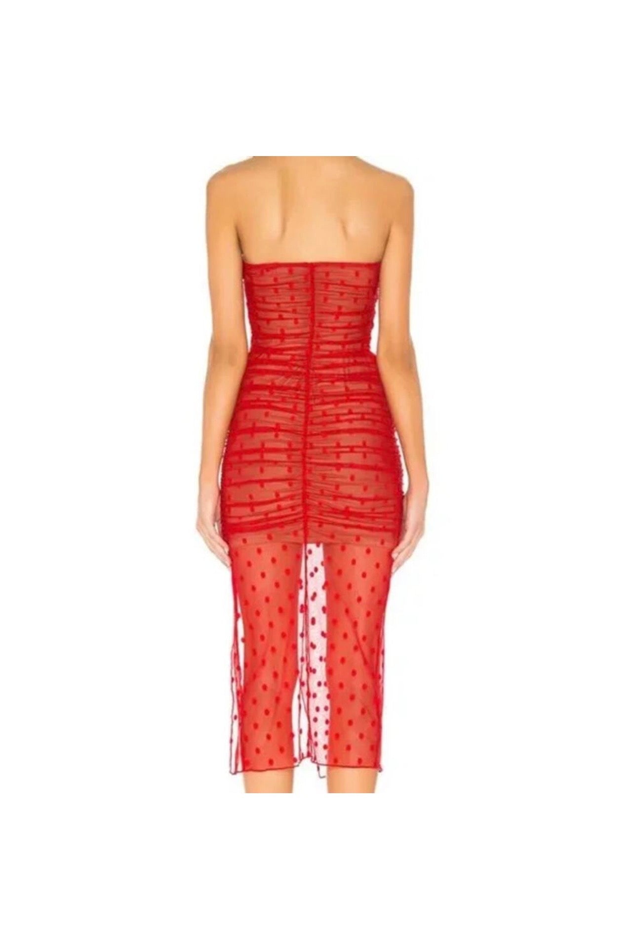 Majorelle Brady Dress in Red Ruched Sheer Overlay Polka Dot