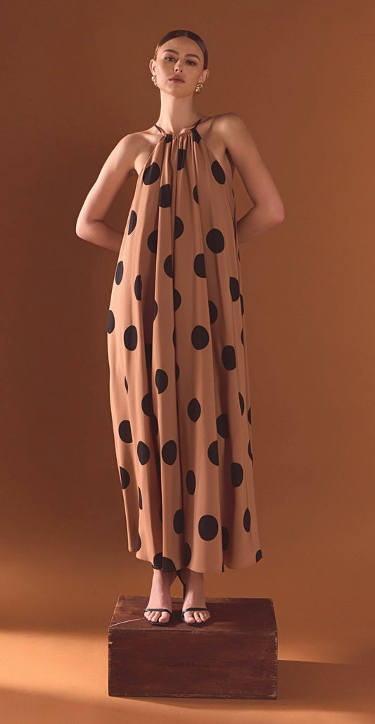 Endless Rose Polka Dot Halter Maxi Dress in Black/Brown