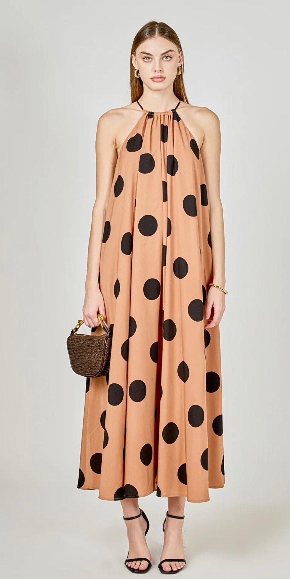 Endless Rose Polka Dot Halter Maxi Dress in Black/Brown