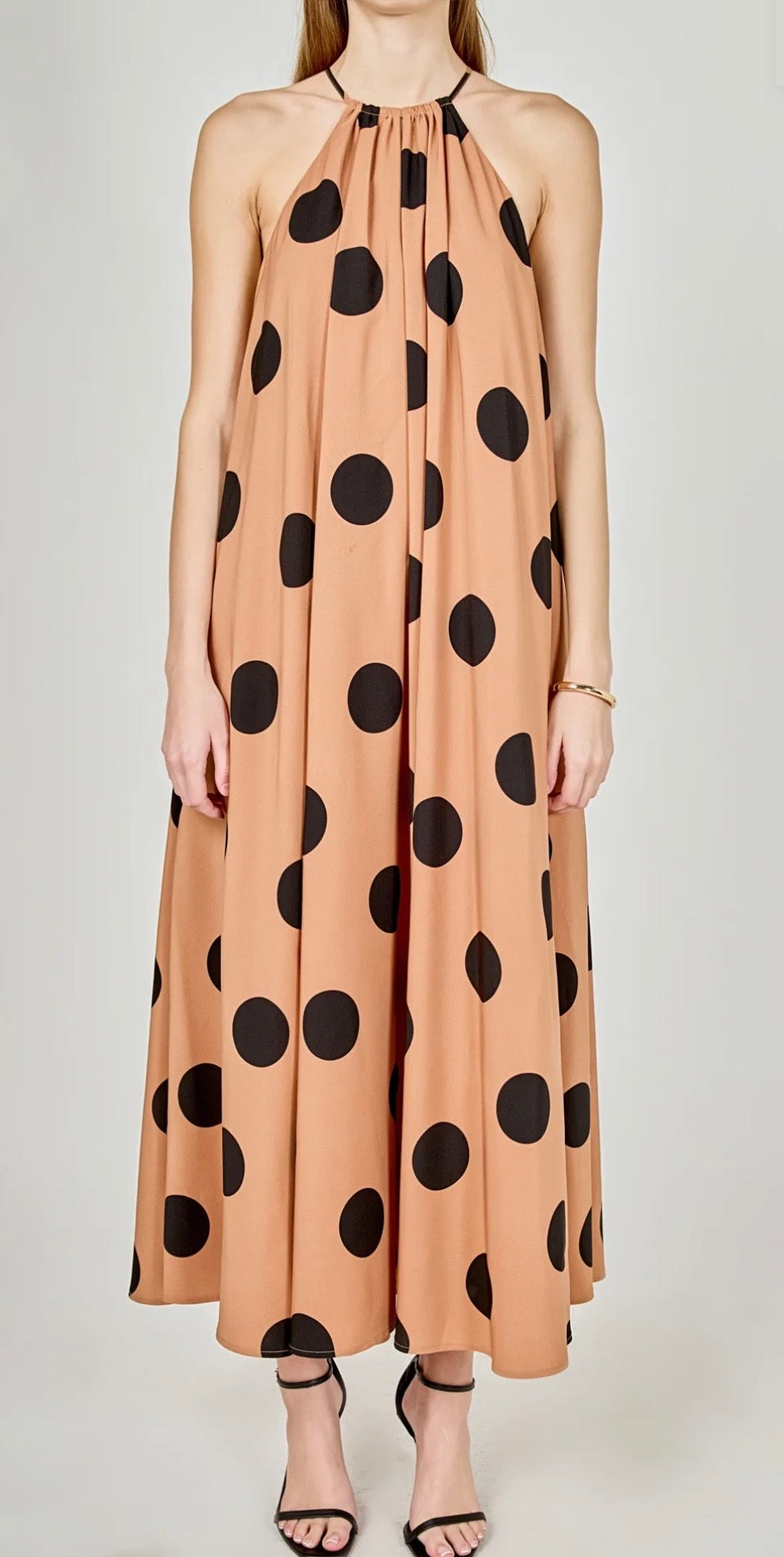 Endless Rose Polka Dot Halter Maxi Dress in Black/Brown
