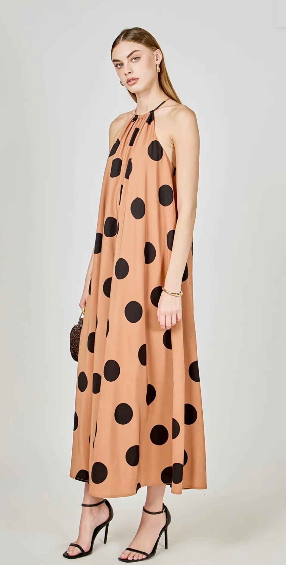 Endless Rose Polka Dot Halter Maxi Dress in Black/Brown