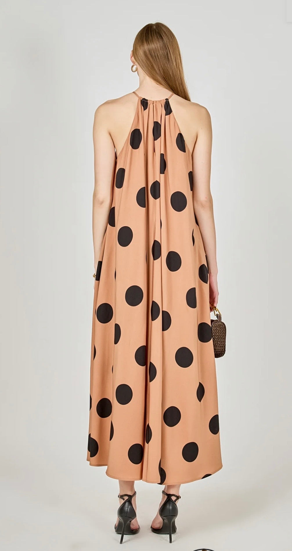 Endless Rose Polka Dot Halter Maxi Dress in Black/Brown