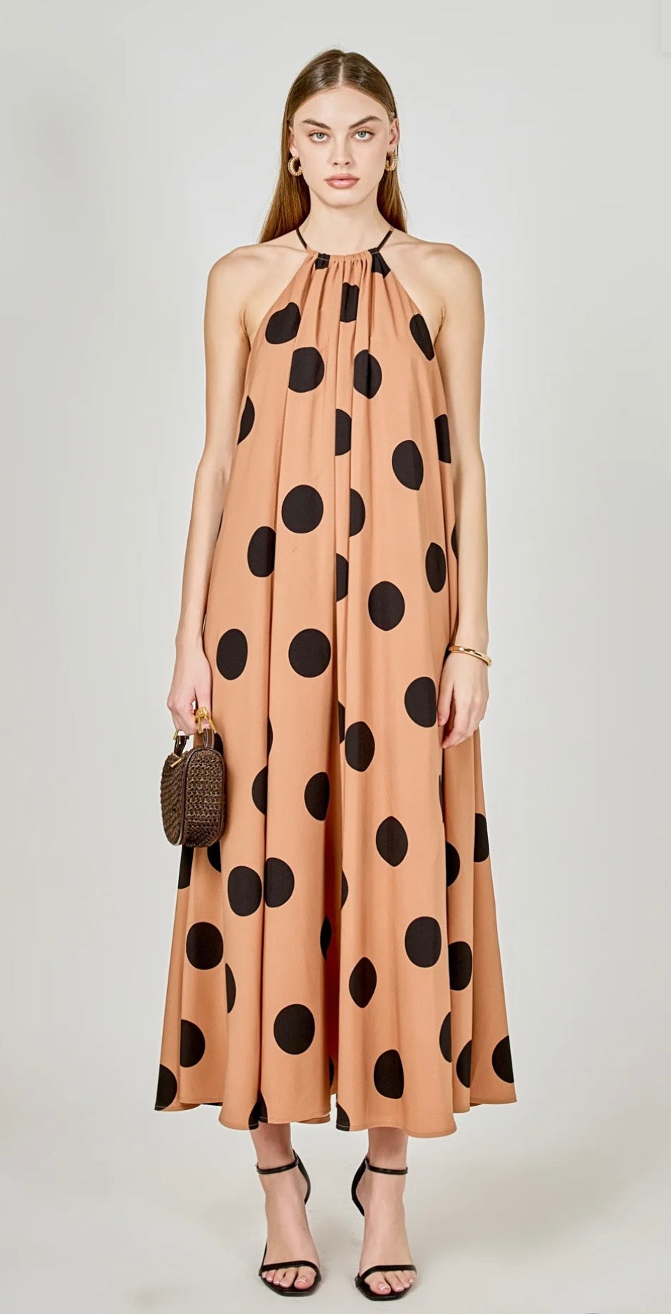 Endless Rose Polka Dot Halter Maxi Dress in Black/Brown