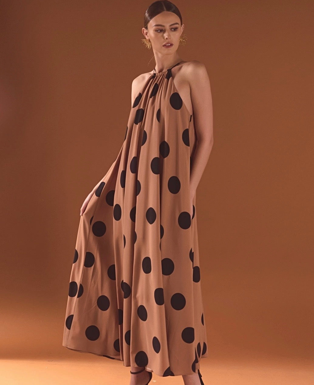 Endless Rose Polka Dot Halter Maxi Dress in Black/Brown
