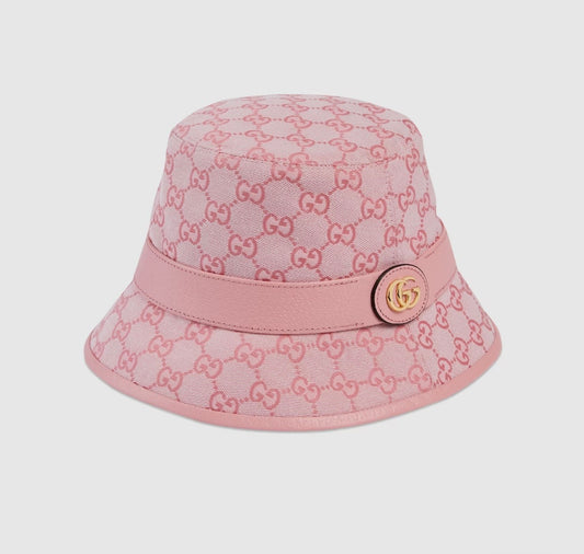 Gucci Leather Trimmed Cotton Blend GG Canvas Jacquard Bucket Hat in Pink