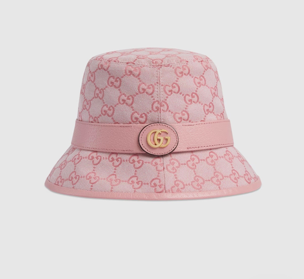 Gucci Leather Trimmed Cotton Blend GG Canvas Jacquard Bucket Hat in Pink