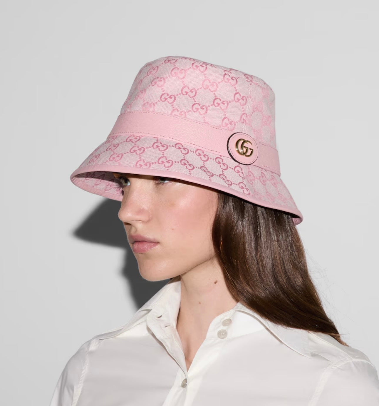 Gucci Leather Trimmed Cotton Blend GG Canvas Jacquard Bucket Hat in Pink