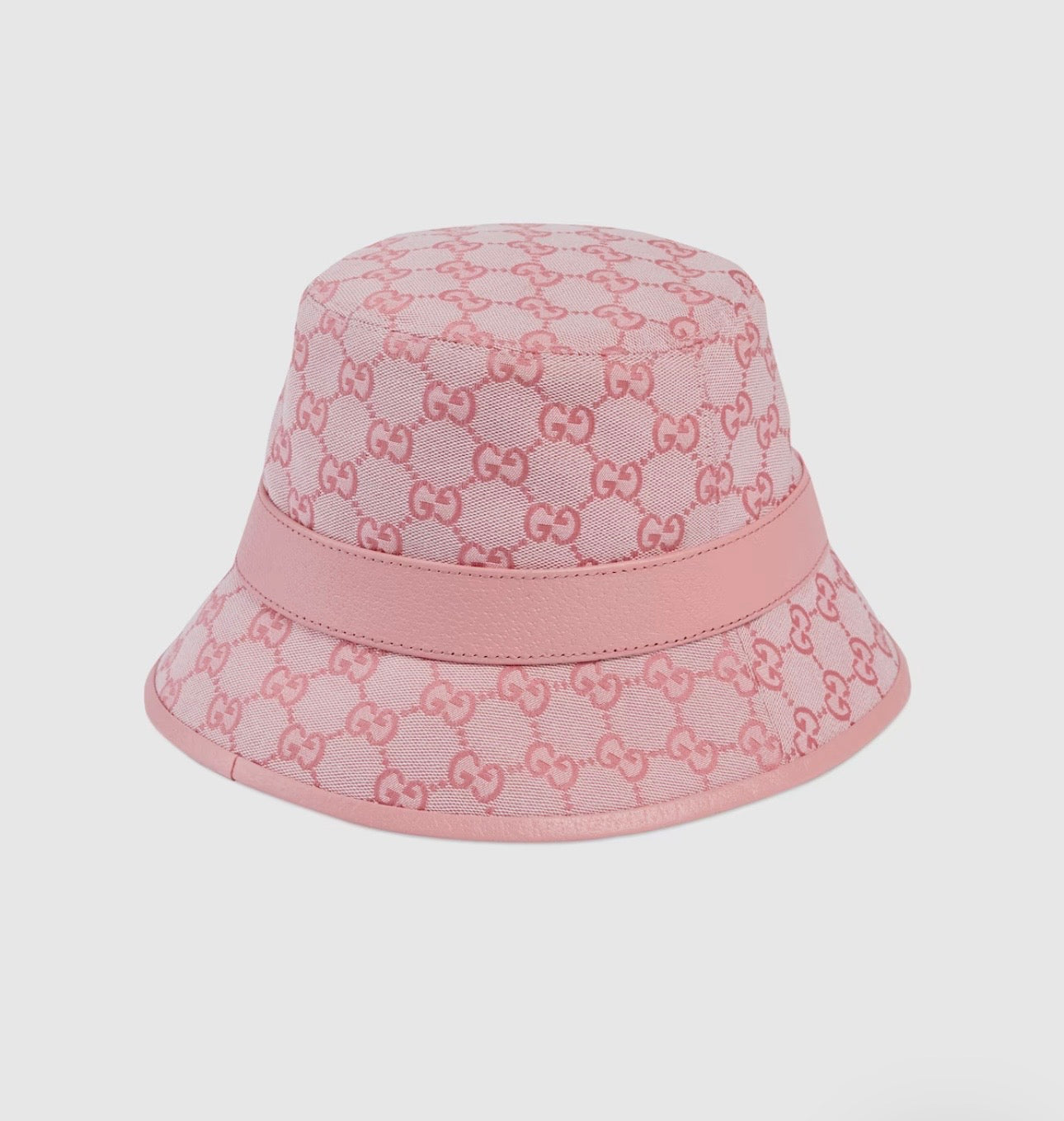 Gucci Leather Trimmed Cotton Blend GG Canvas Jacquard Bucket Hat in Pink