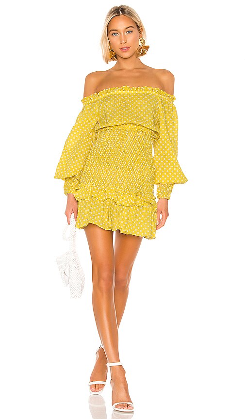 Alexis Marilena yellow and white polka dot off shoulder mini dress