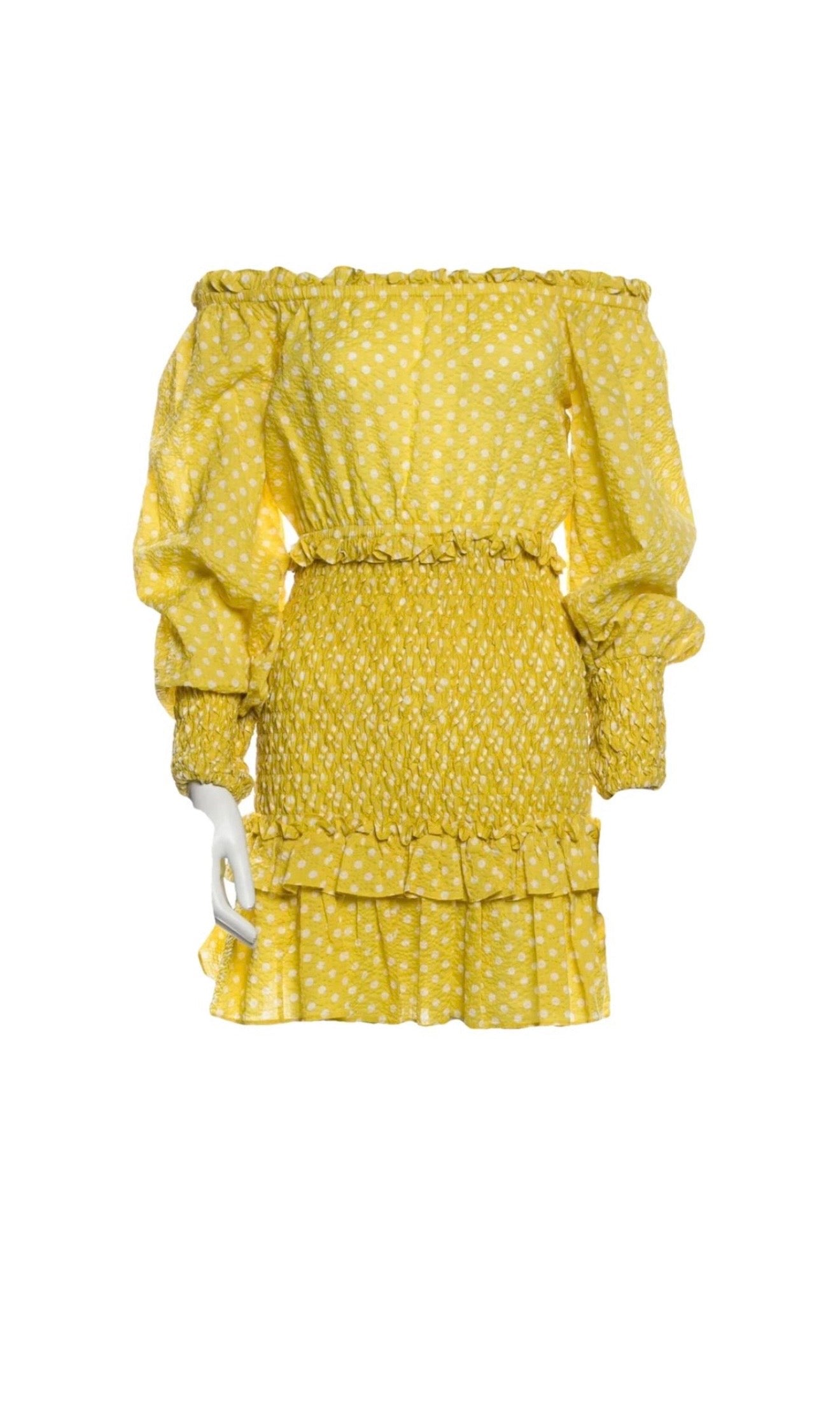 Alexis Marilena yellow and white polka dot off shoulder mini dress