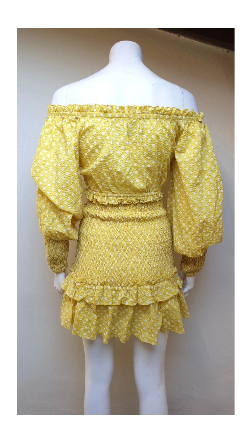Alexis Marilena yellow and white polka dot off shoulder mini dress
