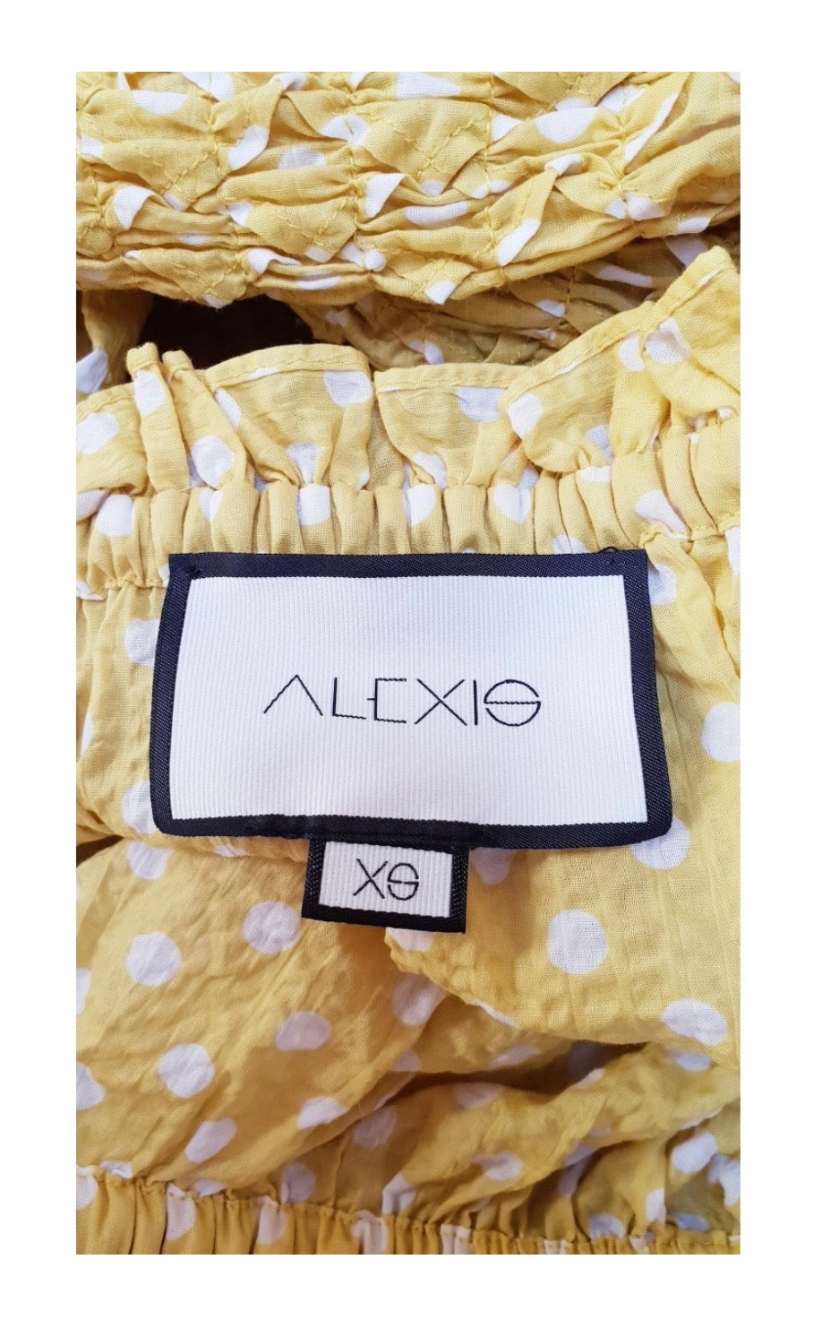 Alexis Marilena yellow and white polka dot off shoulder mini dress