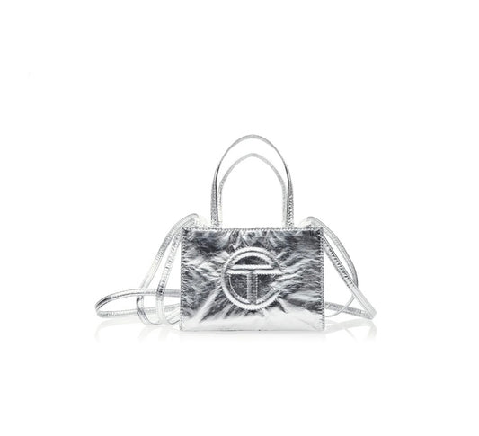Telfar Small Shopping Bag in Metallic Silver Crinkle Finish