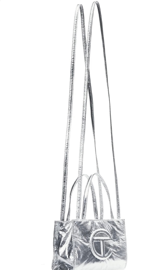 Telfar Small Shopping Bag in Metallic Silver Crinkle Finish