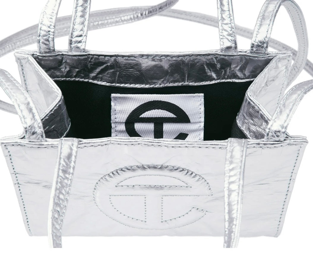 Telfar Small Shopping Bag in Metallic Silver Crinkle Finish