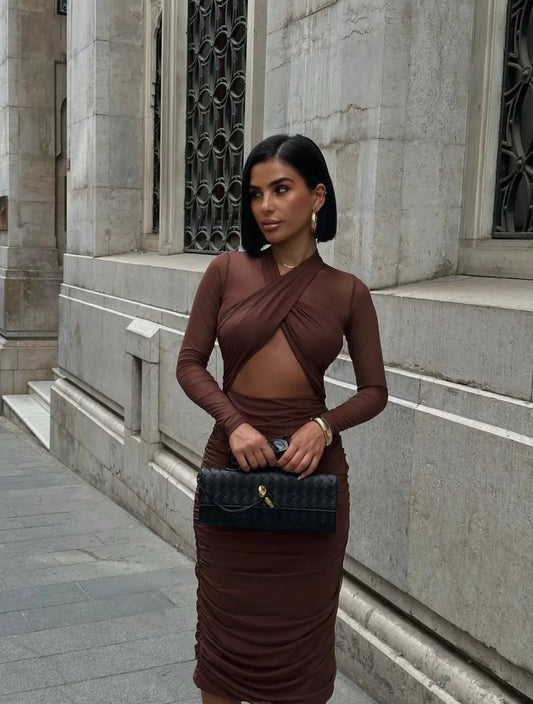 Brown Criss Cross Neckline + Cut Out Dress