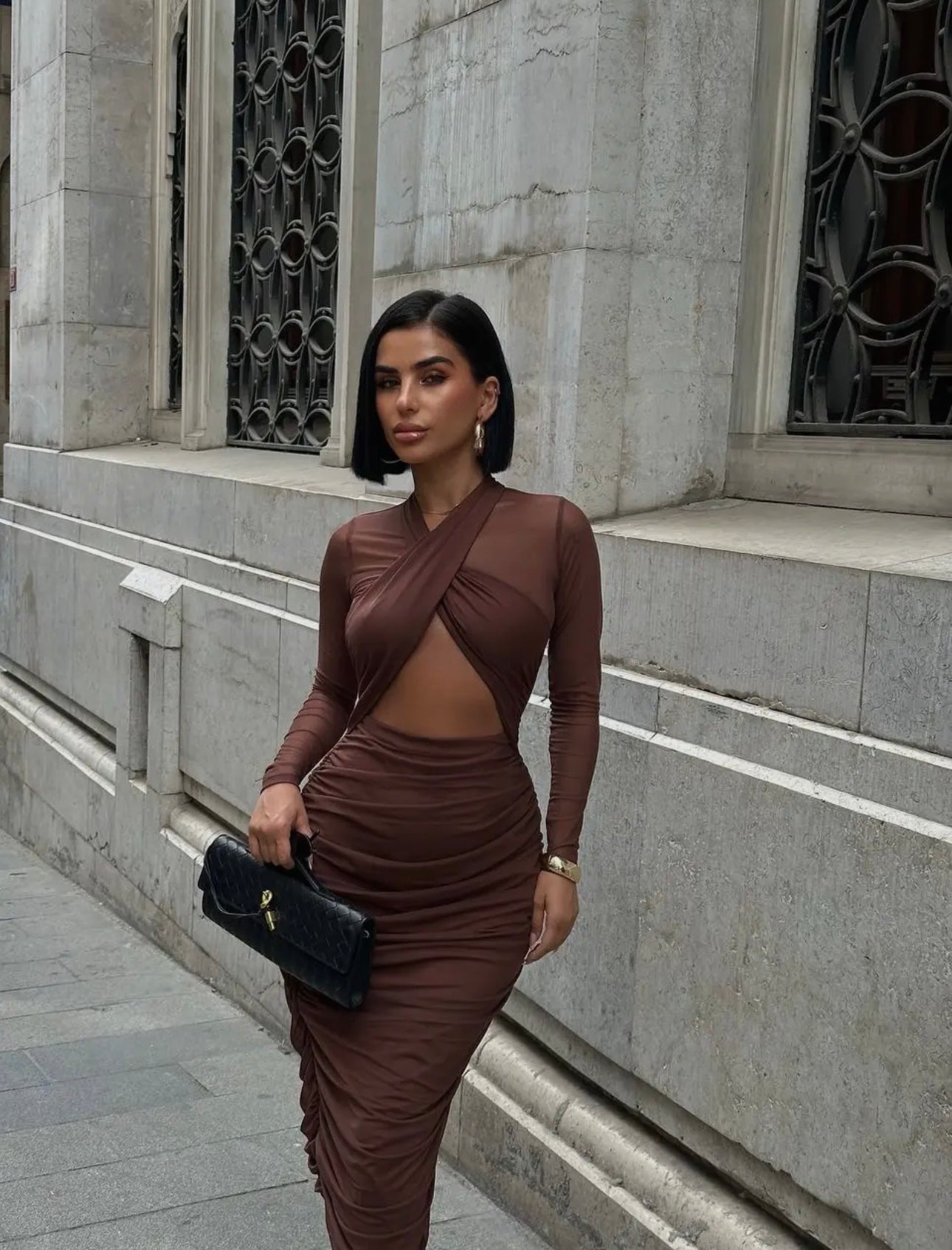 Brown Criss Cross Neckline + Cut Out Dress