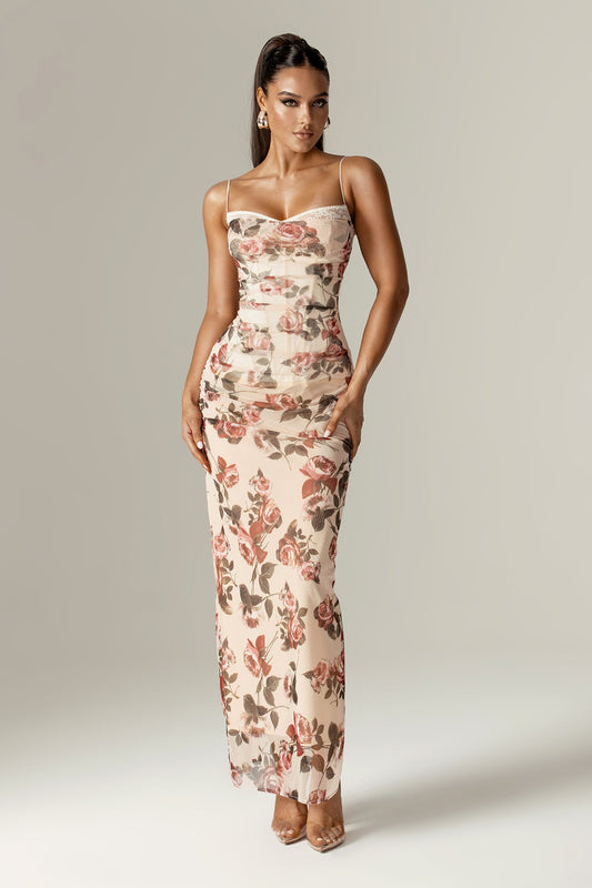 Evita Italian Rose Print Corset Maxi Dress