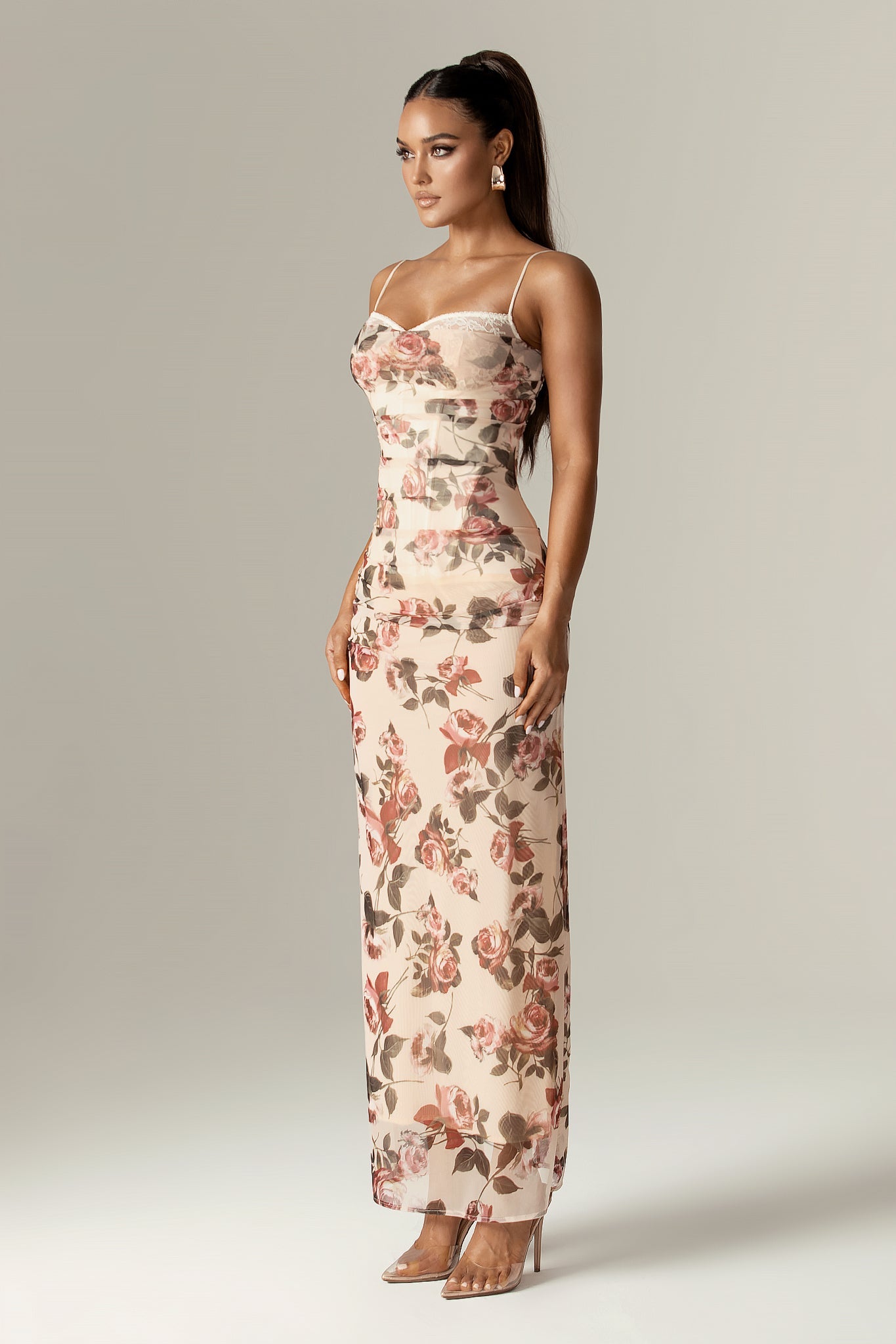 Evita Italian Rose Print Corset Maxi Dress